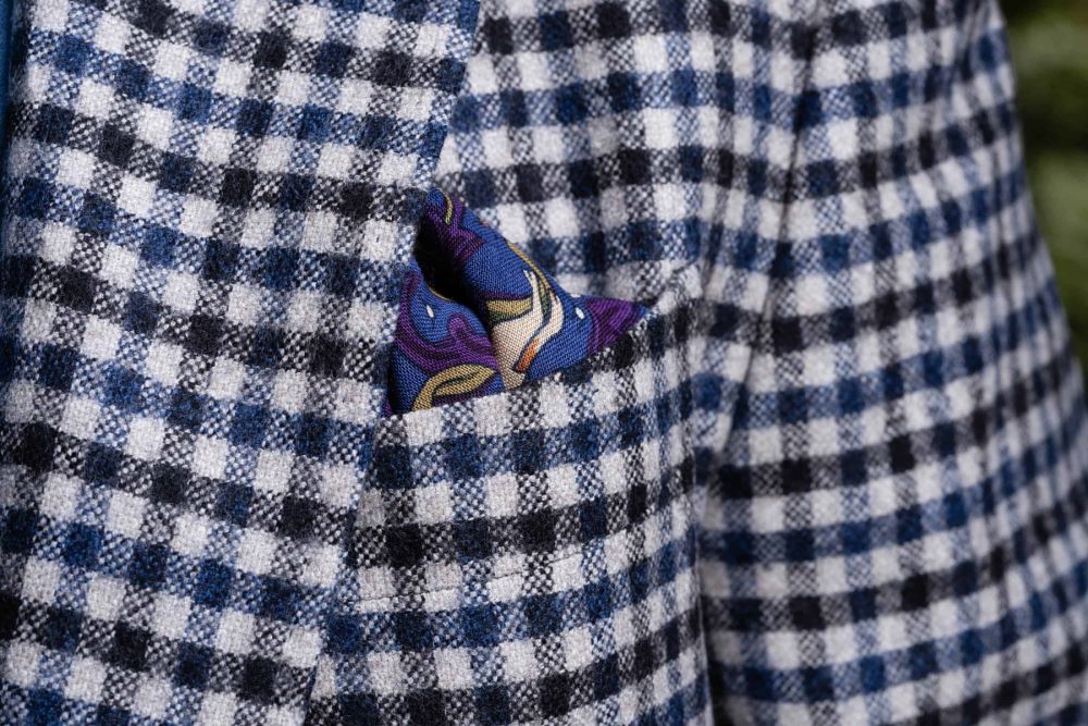 Mid Blue Silk-Wool Pocket Square with Hunting Motifs - Fort Belvedere