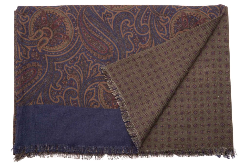 Wool Silk Scarf in Indigo Blue, Olive Green, Burgundy, Ocre, Paisley & Macclesfield Neats - Fort Belvedere