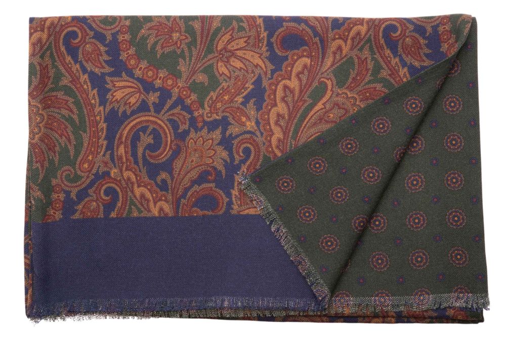 Wool Silk Scarf in Dark Blue,Green, Burgundy, Yellow, Brown Large Paisley & Round Micropattern - Fort Belvedere