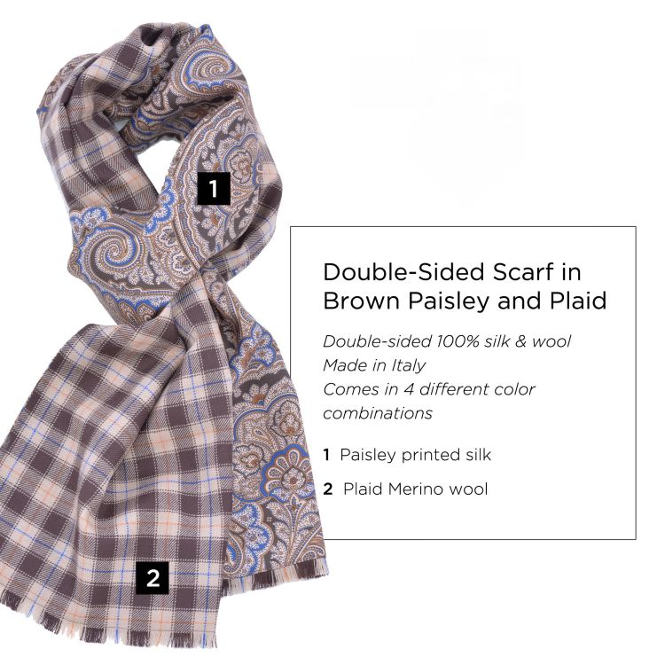Double Sided Scarf in Brown Silk Wool Paisley & Plaid - Fort Belvedere