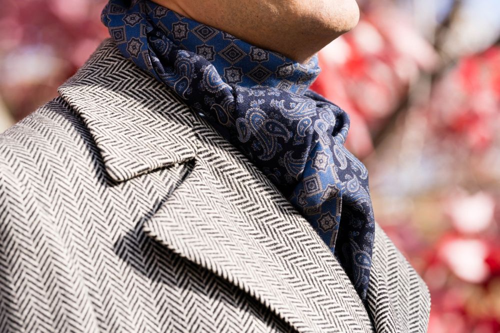 Double Sided Wool Silk Scarf in Navy, Grey, Blue Paisley & Diamond Pattern