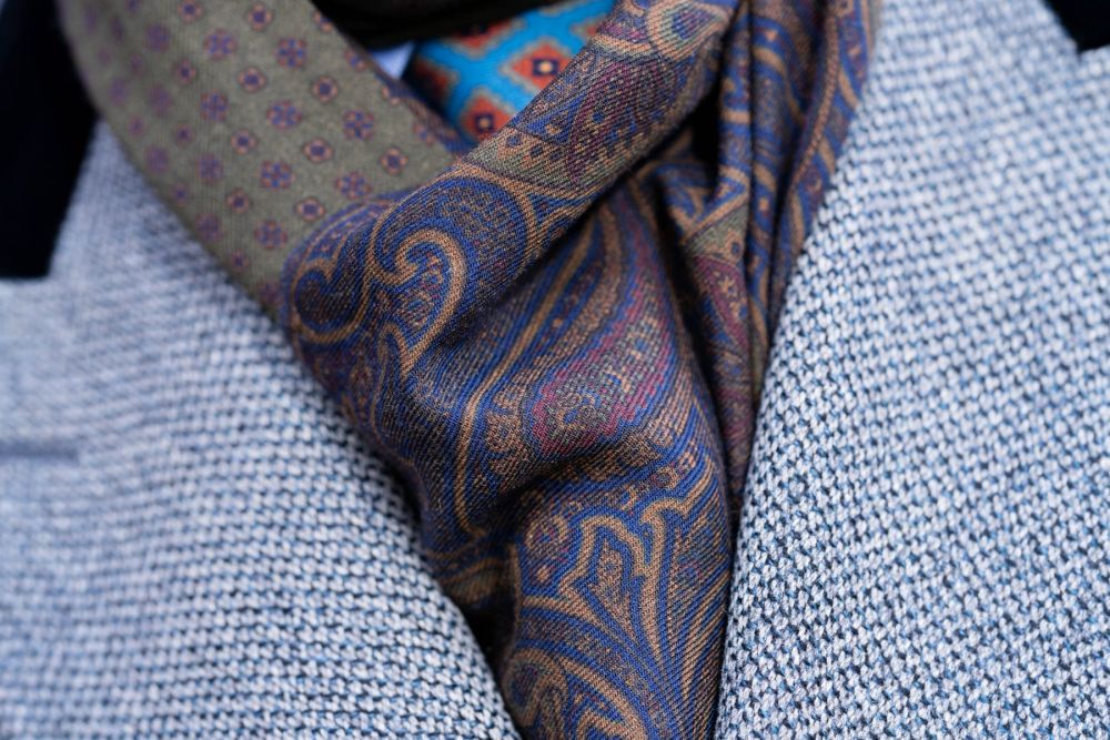 Wool Silk Scarf in Indigo Blue, Olive Green, Burgundy, Ocre, Paisley & Macclesfield Neats - Fort Belvedere