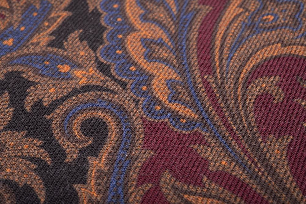 Wool Silk Scarf in Black, Dark Red, Blue, Sunflower Yellow, Light Brown Paisley & Round Micropattern - Fort Belvedere