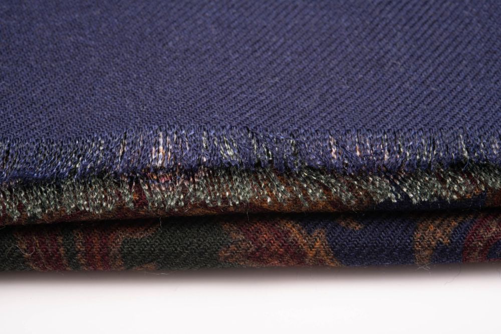 Wool Silk Scarf in Dark Blue,Green, Burgundy, Yellow, Brown Large Paisley & Round Micropattern - Fort Belvedere