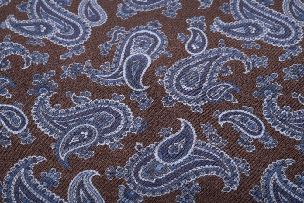 Double Sided Wool Silk Scarf in Brown, Navy, & Blue Paisley with Geometric Pattern - Fort Belvedere