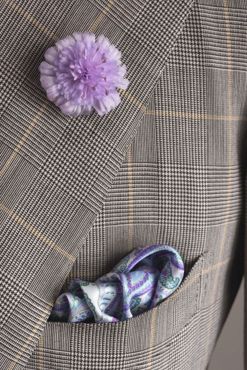 Field Scabious Boutonniere and Pocket Square in Light Purple with Blue, green & White Paisley all by Fort Belvedere