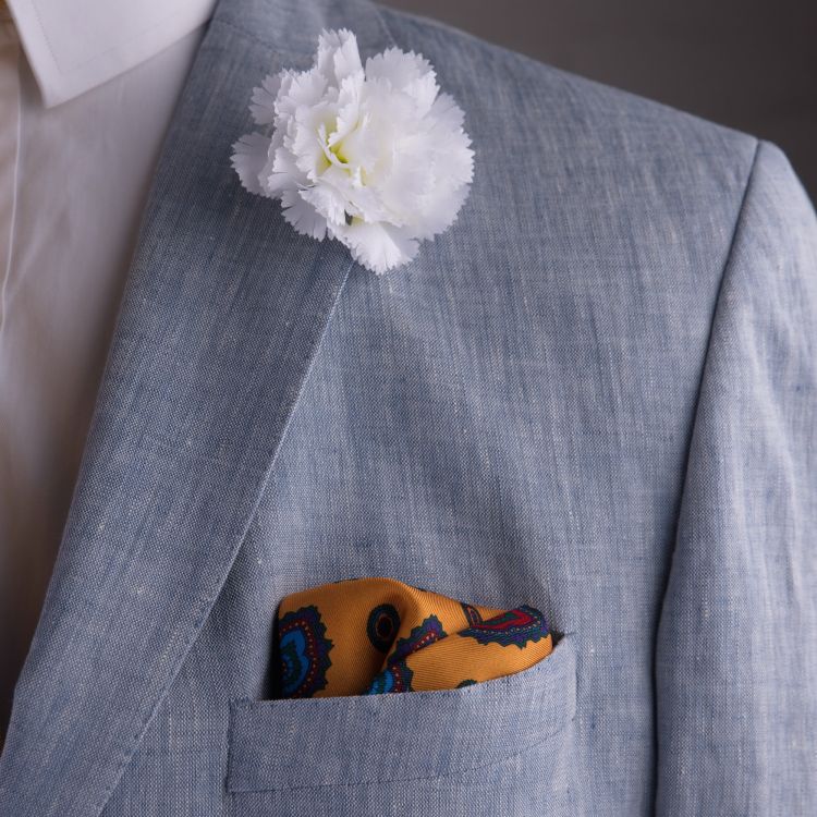White Life Size Carnation, yellow pocket square in silk by Fort Belvedere