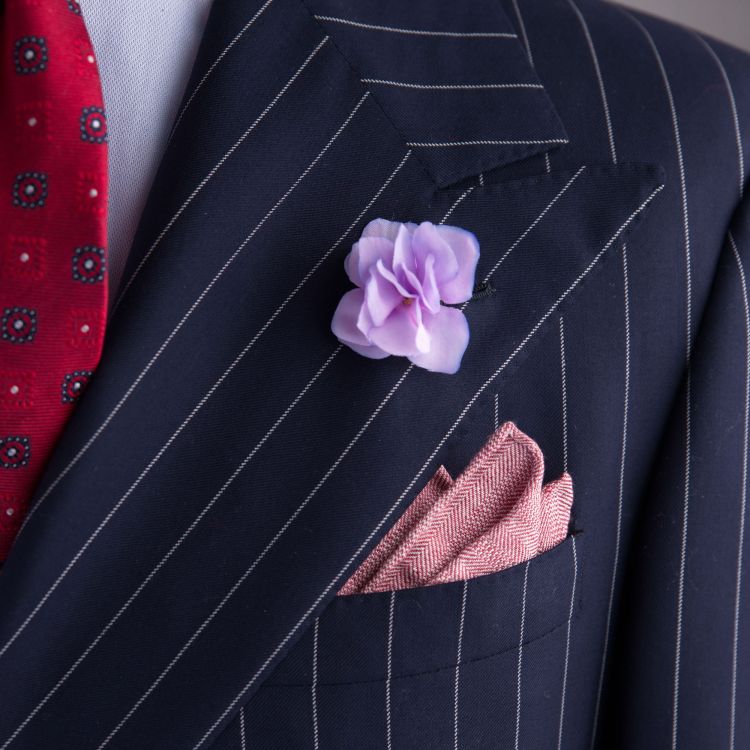 Chalk stripe suit by Ralph Lauren Purple Label with Hydrangea Silk Petals and red silk jacquard tie
