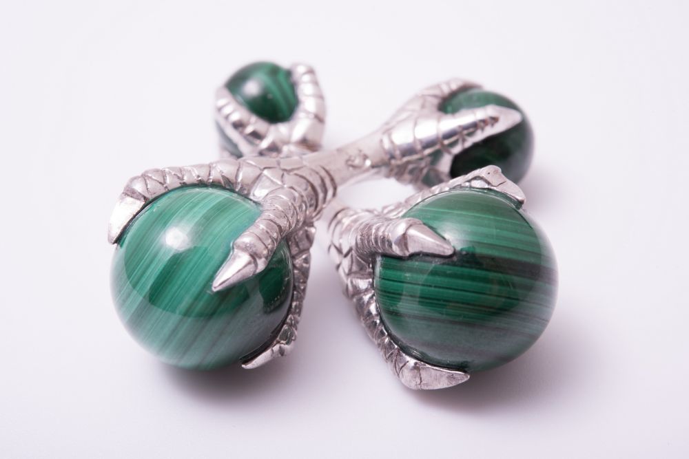 Eagle Claw Cufflinks with Malachite Balls 925 Sterling Silver Platinum Plated - handmade by master jeweler - Fort Belvedere