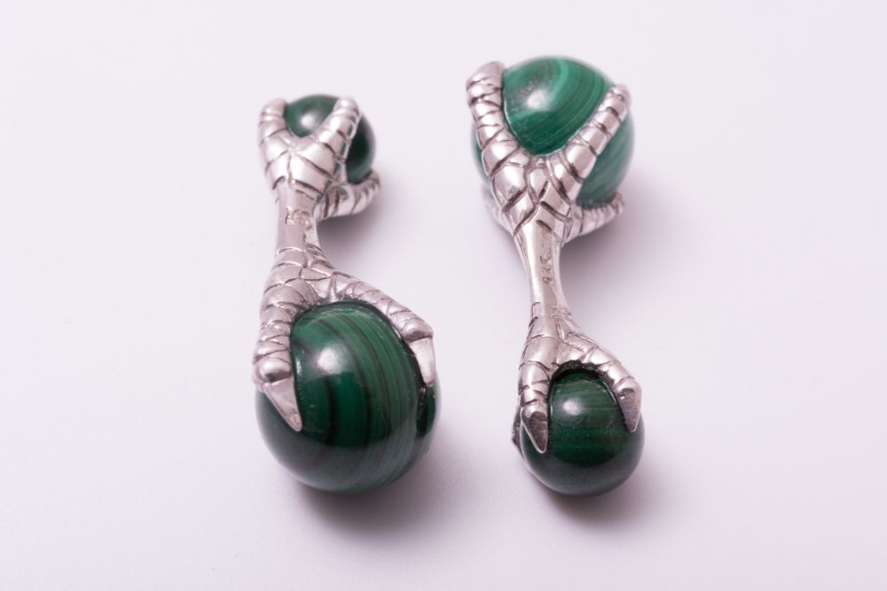 Eagle Claw Cufflinks with Malachite Balls 925 Sterling Silver Platinum Plated - handmade by master jeweler - Fort Belvedere