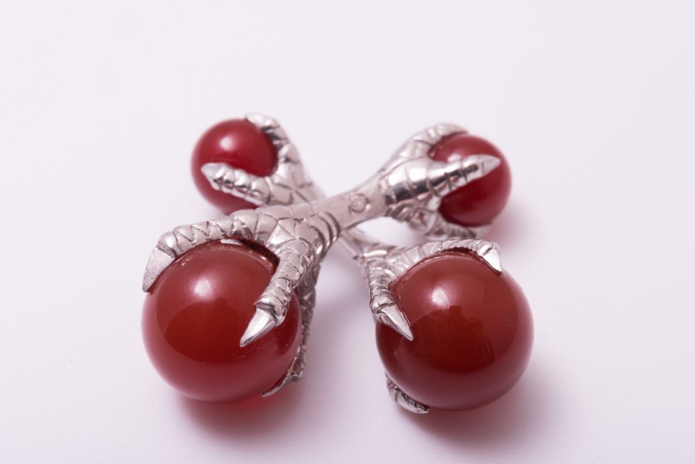 Eagle Claw Cufflinks with Red Carnelian  Balls 925 Sterling Silver Platinum Plated - handmade by master jeweler - Fort Belvedere
