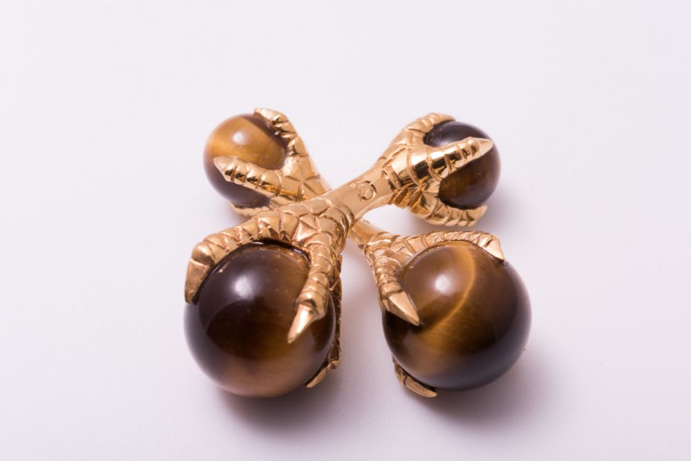 Eagle Claw Cufflinks with Tiger's Eye Balls - 925 Sterling Silver Gold Plated - Fort Belvedere