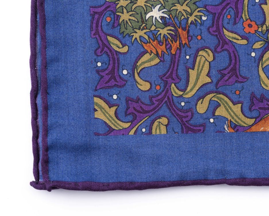 Edge of Mid Blue Silk-Wool Pocket Square with Hunting Motifs