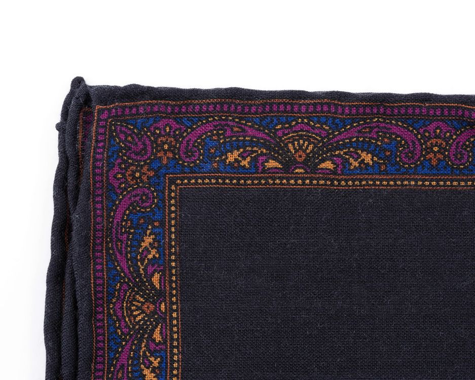 Edge of Purple, Charcoal & Blue Silk-Wool Pocket Square with Paisley Motifs