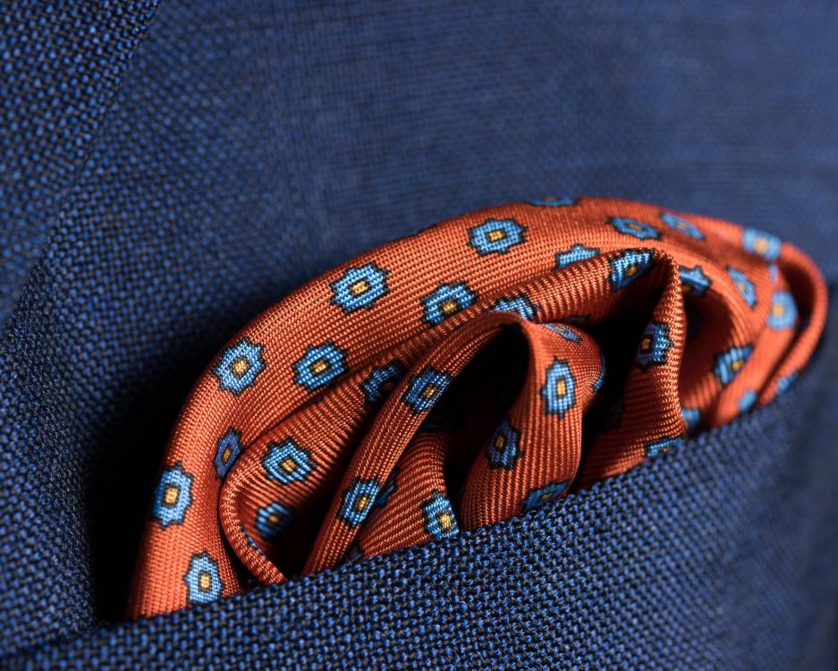 Burnt Orange Silk Pocket Square with Dotted Motifs and Paisley - Fort Belvedere