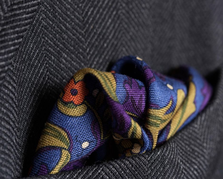 Folded Mid Blue Silk-Wool Pocket Square with Hunting Motifs Fort Belvedere