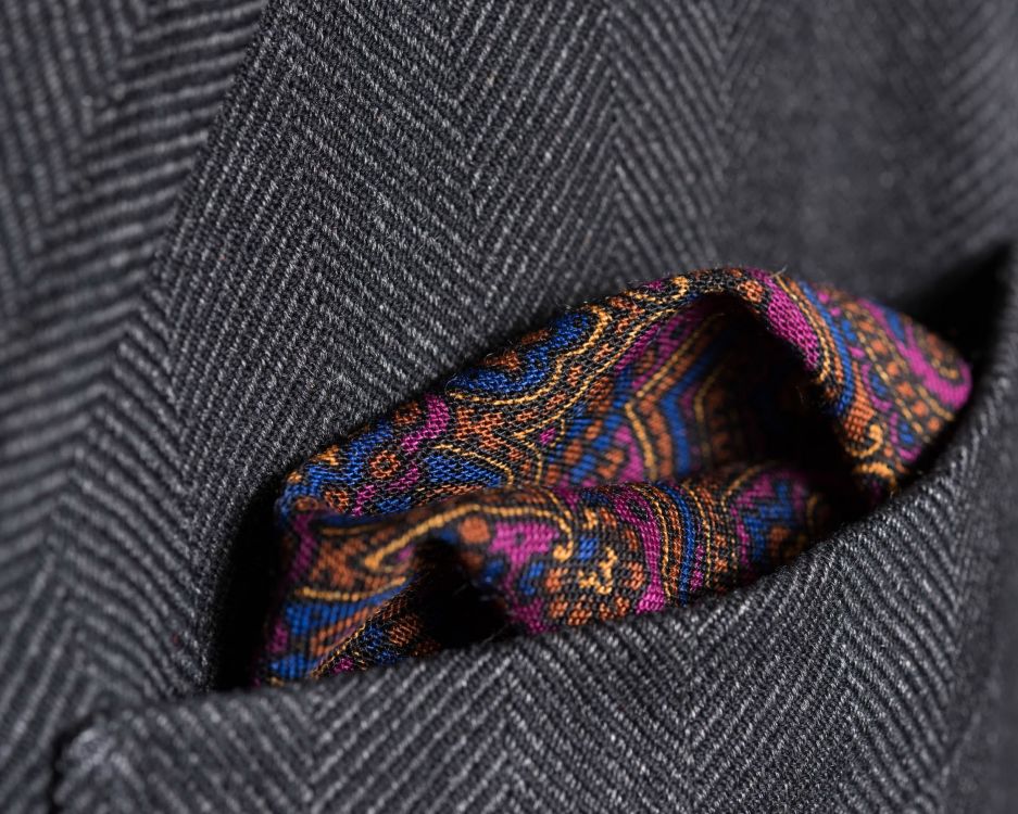 Folded Purple, Charcoal & Blue Silk-Wool Pocket Square with Paisley Motifs