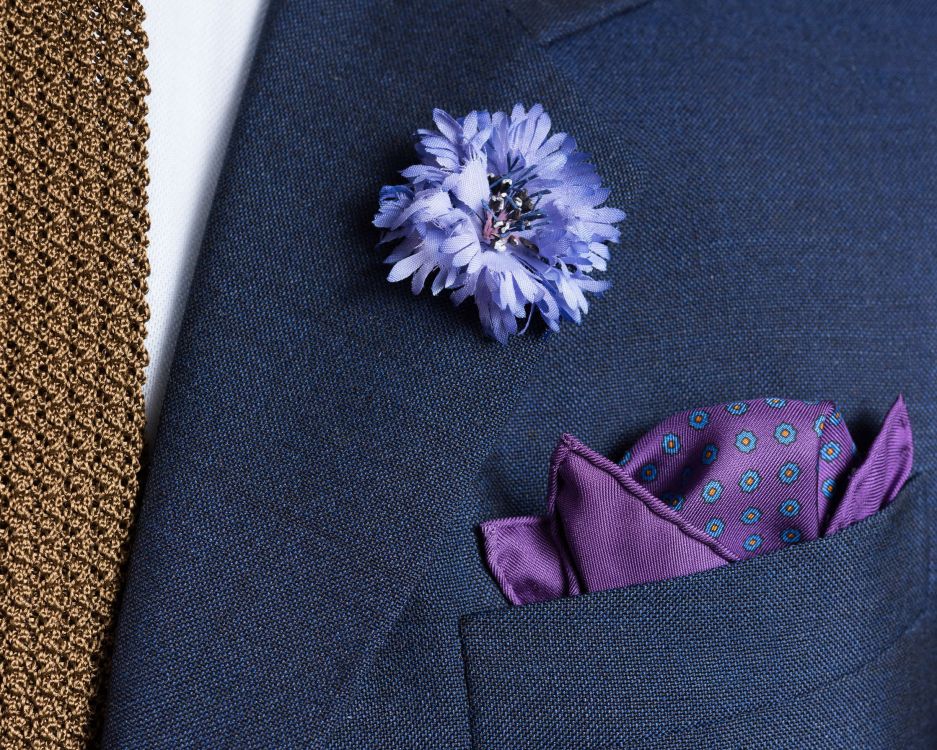 Purple Silk Pocket Square with Dotted Motifs & Paisley and Blue Cornflower Boutonniere