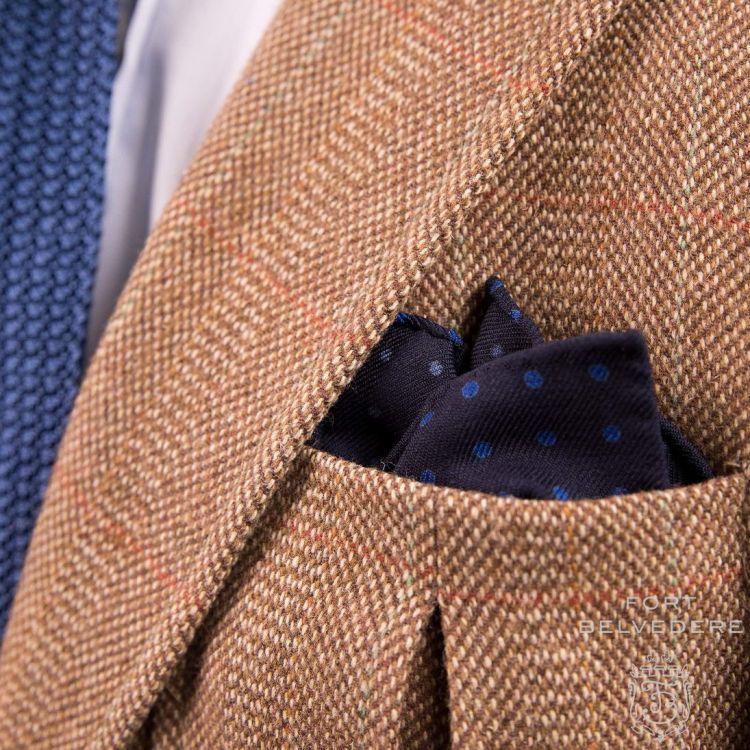Folded Wool Challis Pocket Square in Navy with Blue Polka Dots
