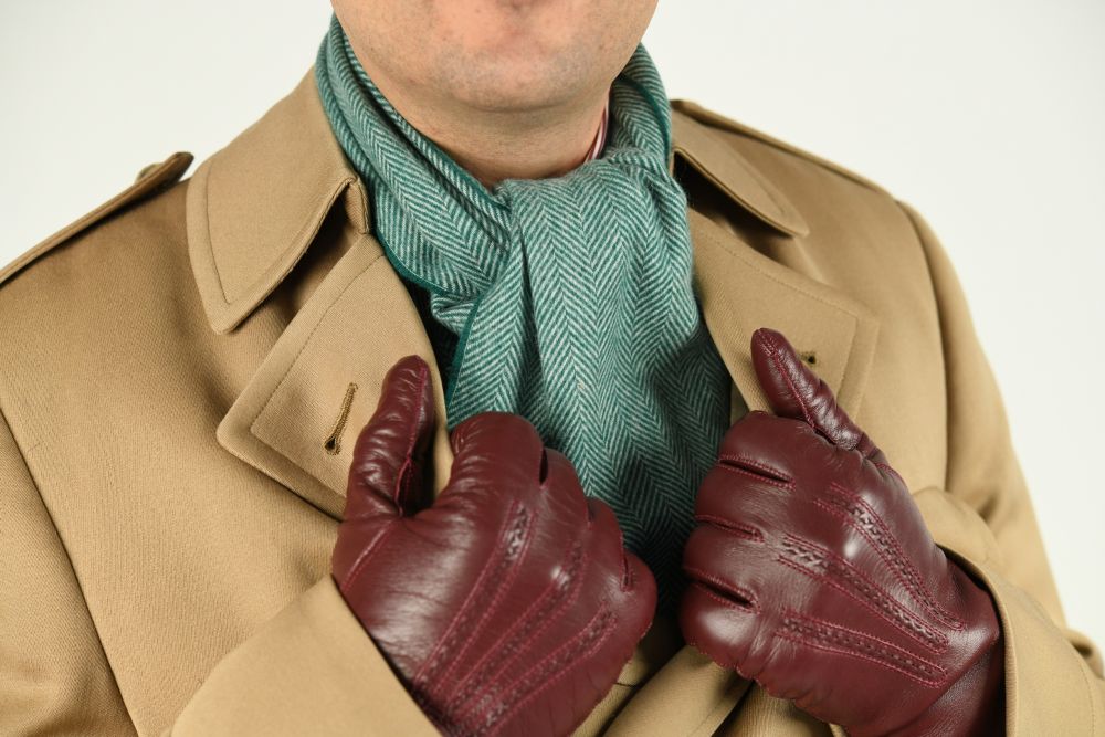 Cashmere Scarf in Forest Green Herringbone combined with light brown suite and Burgundy Touchscreen Sensitive Gloves by Fort Belvedere