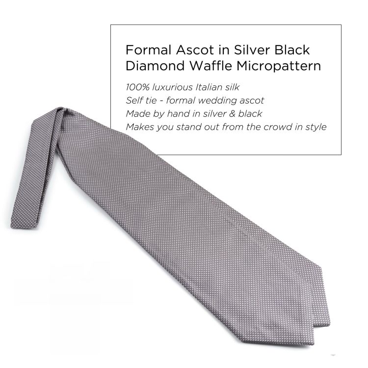Formal Ascot in Silver Black Diamond Waffle Micropattern Silk for Morning Coats - Fort Belvedere