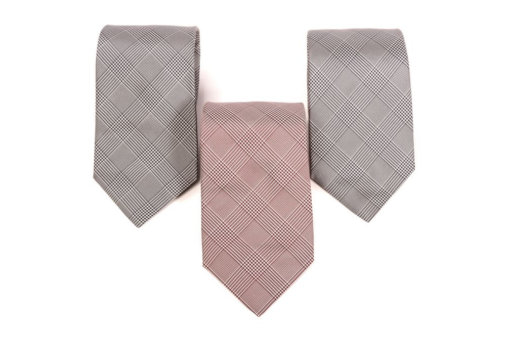 Fort Belvedere Prince of Wales Glen Check silk ties in burgundy and black - made in Italy 