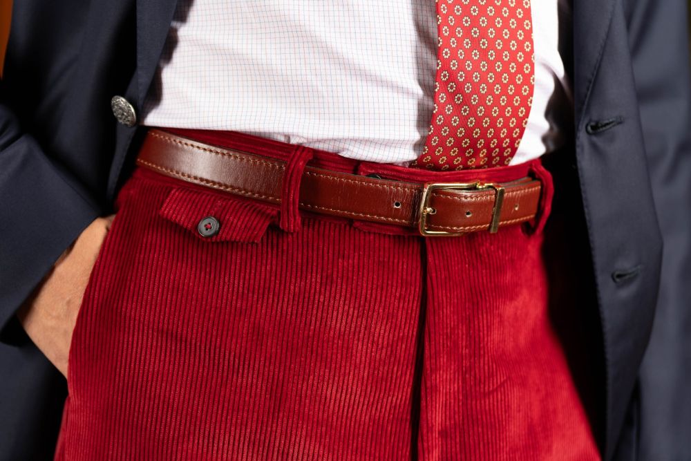 Front pocket view of the Garnet Red Corduroy trousers. 