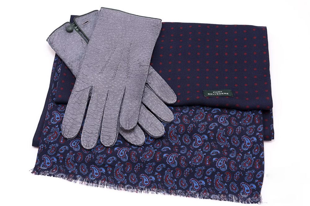 Gray Peccary Gloves and Navy Blue & Red Silk Wool Polka Dots & Paisley Scarves by Fort Belvedere