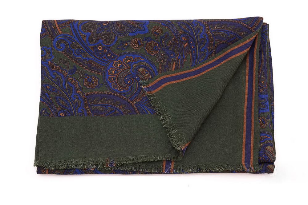 Green & Blue Silk Wool Paisley & Stripes Scarf by Fort Belvedere