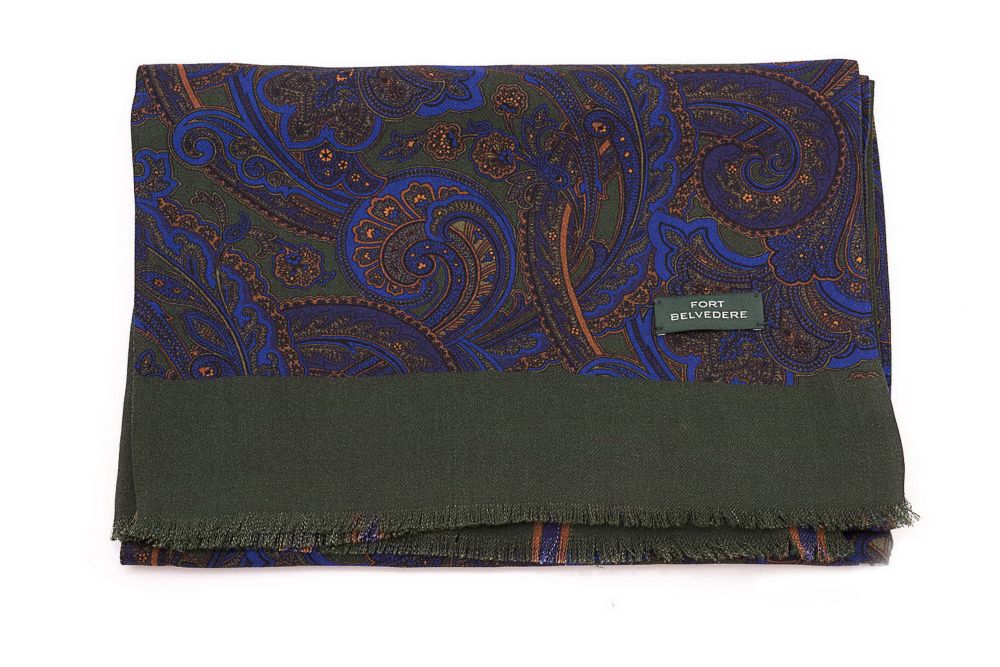 Reversible Scarf in Green and Blue Silk Wool Paisley and Stripes - Fort Belvedere
