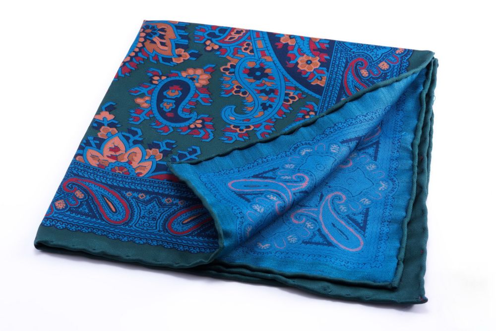 Green Madder Silk Pocket Square with Turquoise,Orange and Yellow Large Paisley- Fort Belvedere