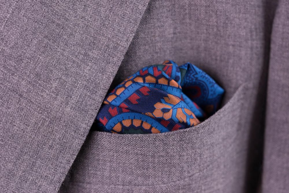 Green Madder Silk Pocket Square with Turquoise,Green, Brown Large Paisley- Fort Belvedere Made in England puff fold