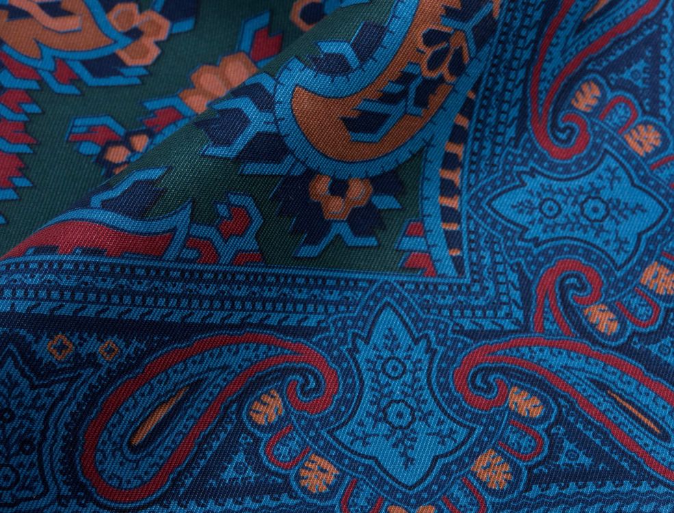 Close up Details of Green Madder Silk Pocket Square with Turquoise,Orange and Yellow Large Paisley- Fort Belvedere