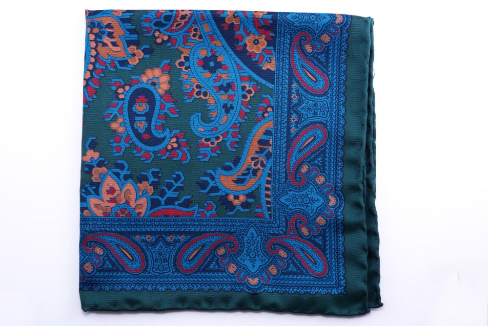 Green Madder Silk Pocket Square with Turquoise,Orange and Yellow Large Paisley- Fort Belvedere