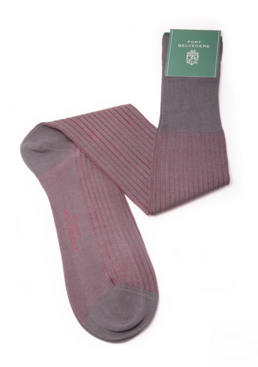 Shadow Stripe Ribbed Socks Grey and Burgundy Red Fil d'Ecosse Cotton - Fort Belvedere