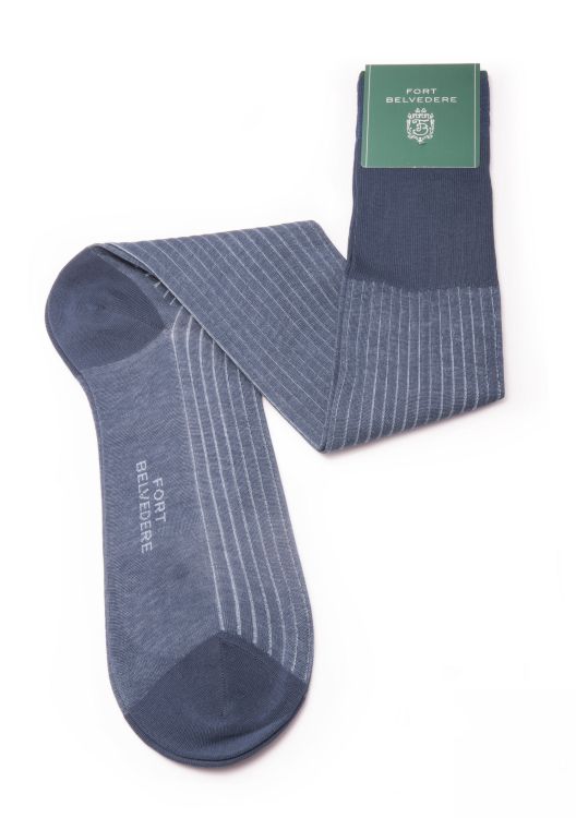 Shadow Stripe Ribbed Socks Grey and Prussian Blue Fil d'Ecosse Cotton - Fort Belvedere