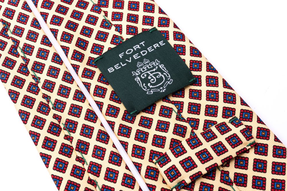 Hand Sewn Madder Print Silk Tie in Yellow with Red, Blue and Orange Diamond Pattern - Fort Belvedere