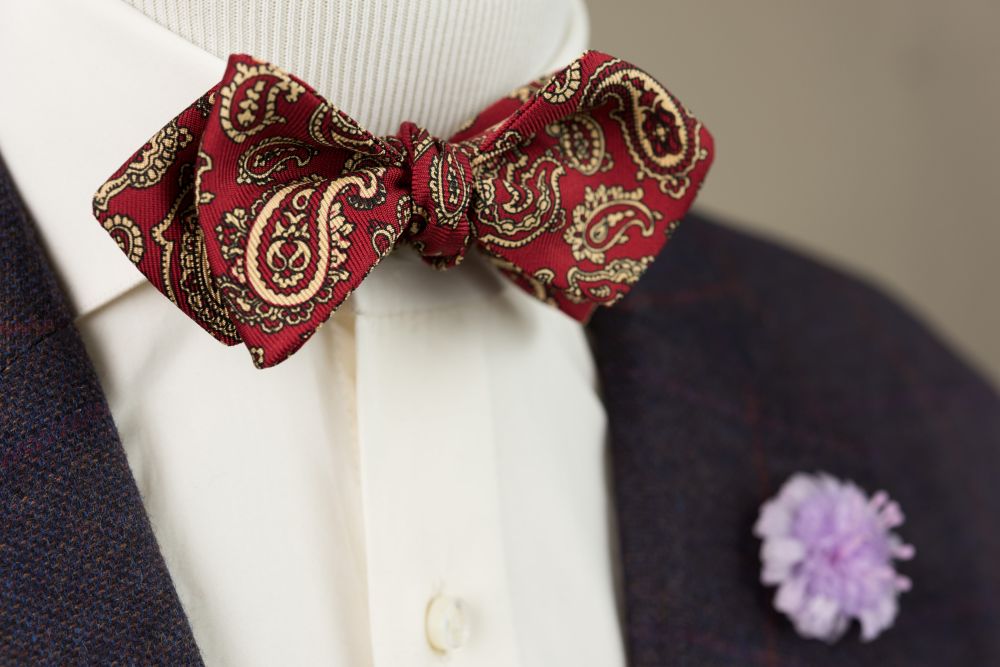 Ancient Madder Silk Paisley Bow Tie in Red & Buff combined with Field Scabious Boutonniere  - Handmade by Fort Belvedere