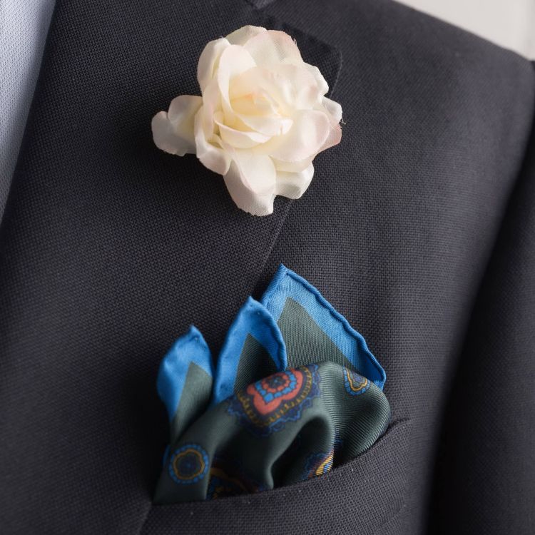 Ivory Spray Rose and green pocket silk pocket square with blue contrast edge by Fort Belvedere