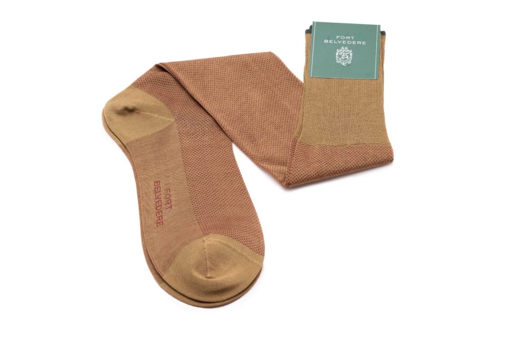 Khaki and Dark Red Two Tone Solid Oxford Socks Fil d'Ecosse Cotton - Fort Belvedere