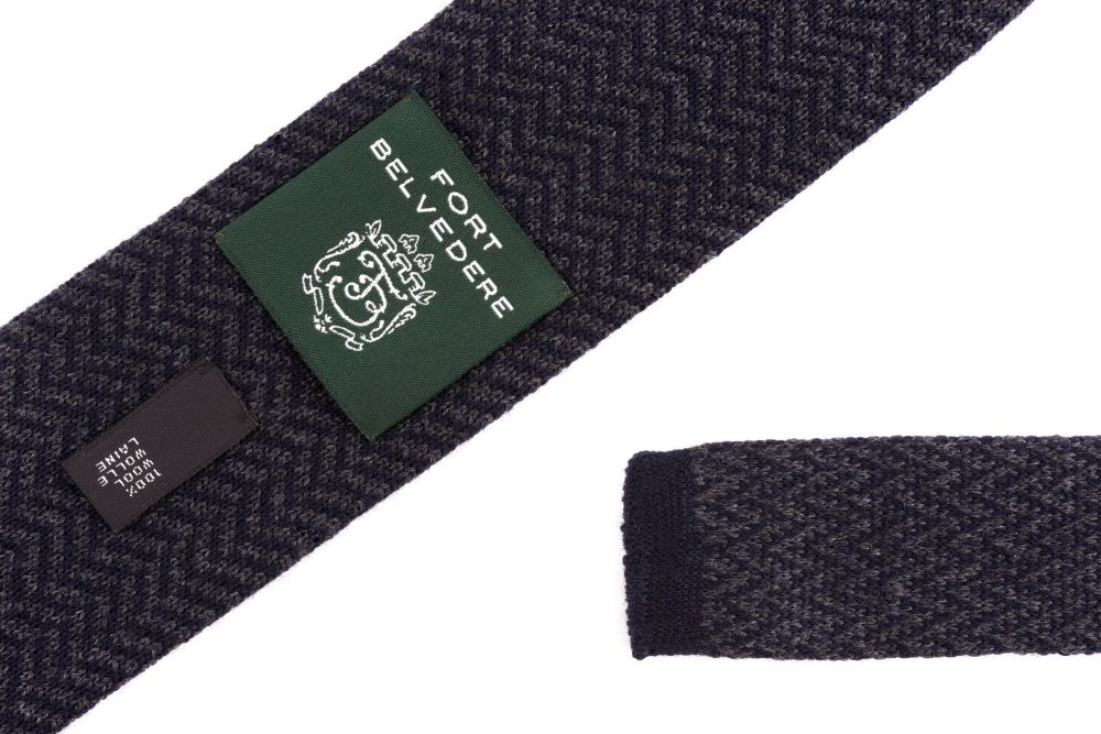back details Knit Tie in Dark Grey - Navy Wool Herringbone