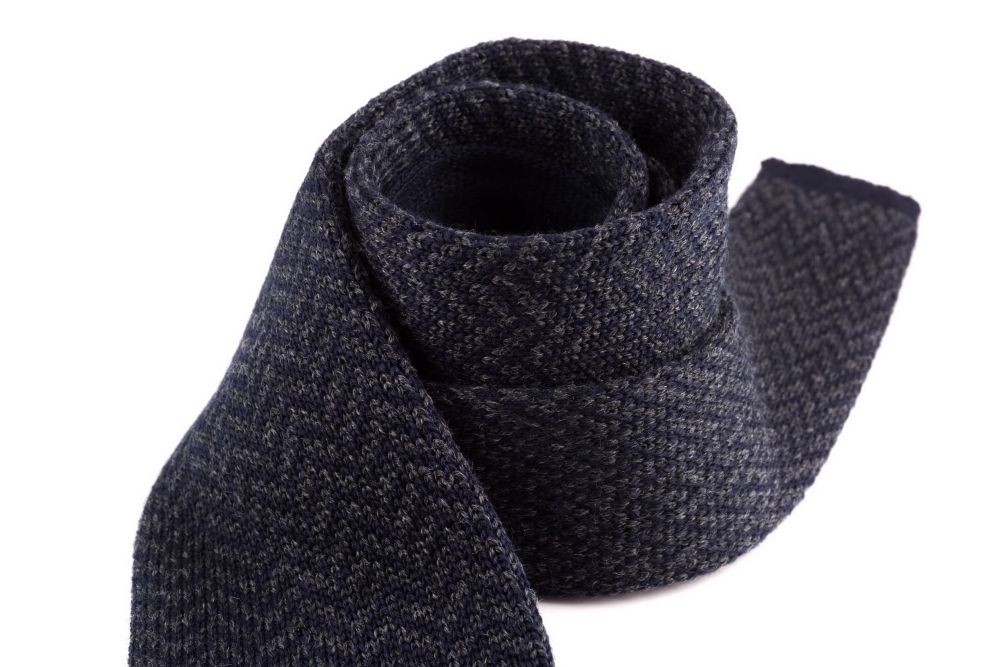 Dark Grey Knit Tie in Navy Wool Herringbone