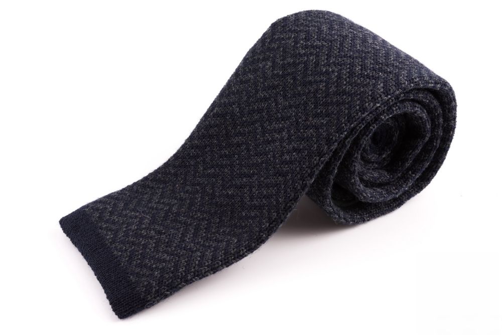 Knit Tie in Dark Grey - Navy Wool Herringbone Fort Belvedere