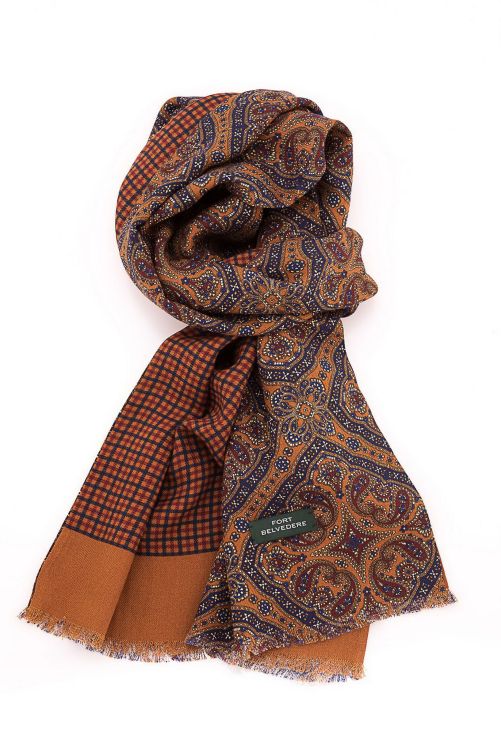 Knotted Orange, Red & Blue Silk Wool Pattern & Checks Scarves by Fort Belvedere