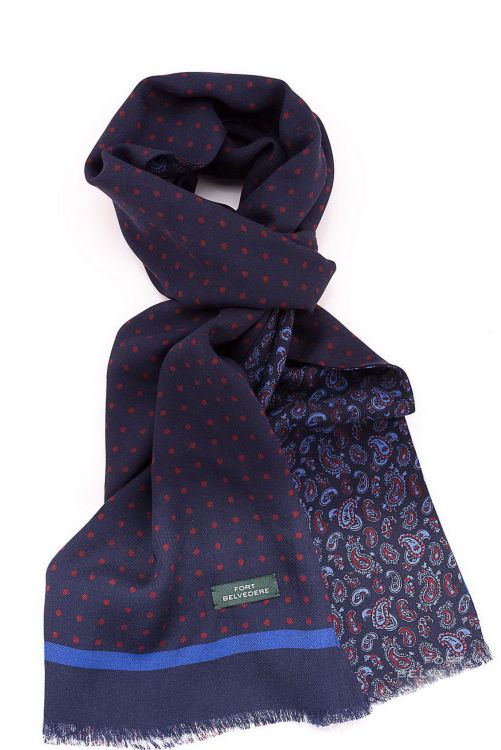 Reversible Scarf in Navy Blue and Red Silk Wool Polka Dots and Paisley - Fort Belvedere