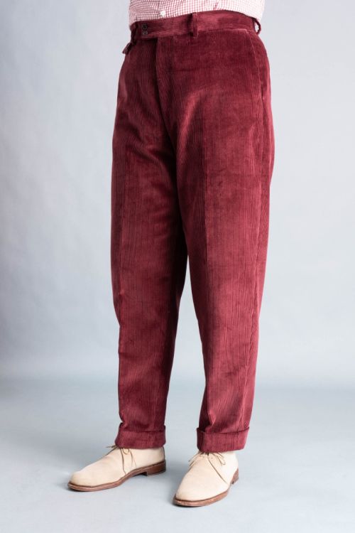 Left side angle front view of the Maroon corduroy trousers-_R5_8603