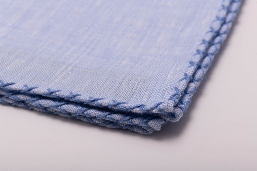 Light Blue Linen Pocket Square with Blue Handrolled Cross X Stitch - Fort Belvedere