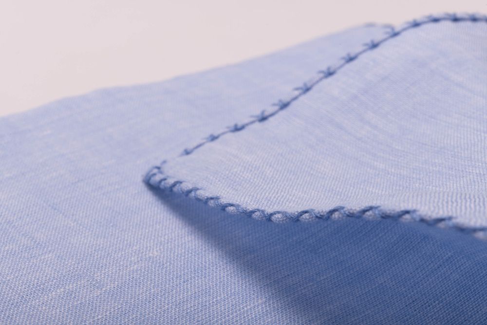 Light Blue Linen Pocket Square with Blue Handrolled Cross X Stitch - Fort Belvedere