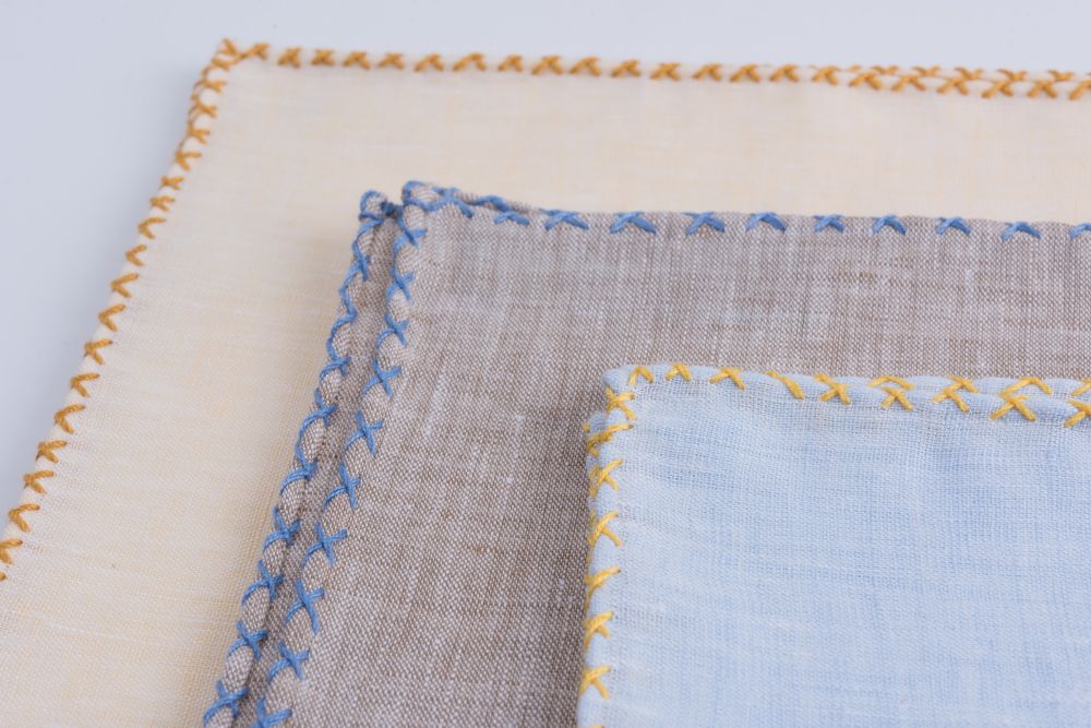 Light Blue Linen Pocket Square with Yellow Handrolled X Stitch - Fort Belvedere