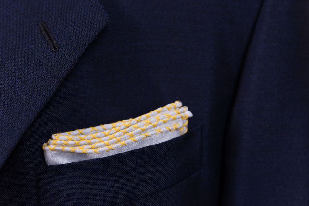 Light Blue Linen Pocket Square with Yellow Handrolled X Stitch - Fort Belvedere